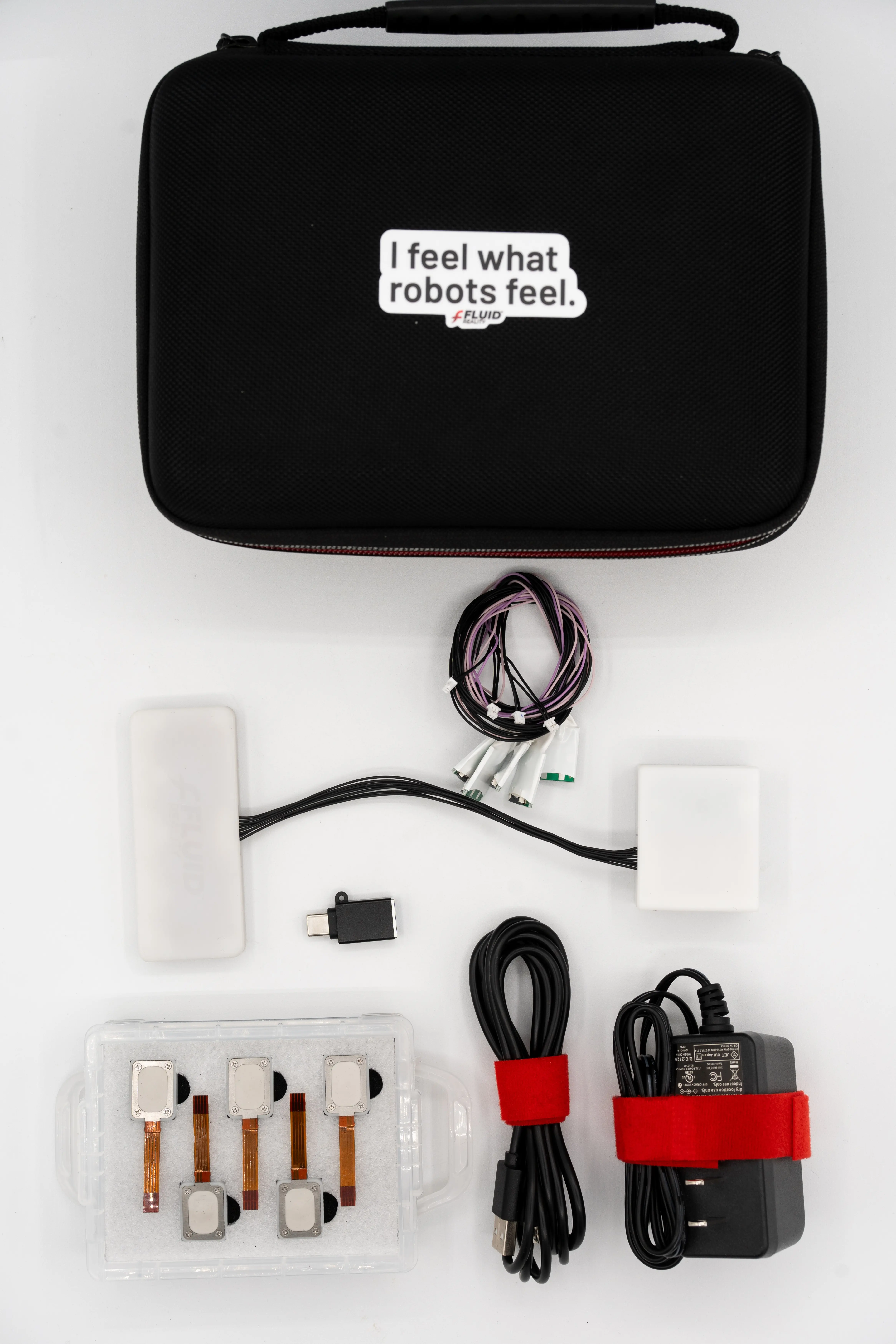 Lansing Dev Kit contents laid out flat: actuators, driver controller, cables, case